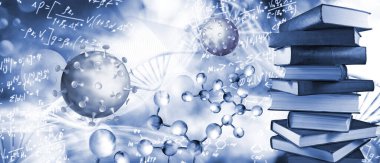 DNA zincirinin biçimlendirilmiş bir resminin arka planında koronavirüslerin soyut görüntüsü.