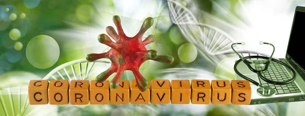 Abstract image of coronaviruses on the background of a stylized image of the DNA chain. — Stock Photo, Image
