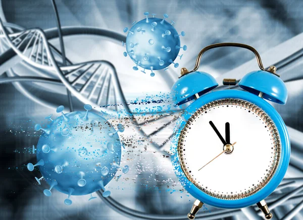 Imagem abstrata de coronavírus no fundo de uma imagem estilizada da cadeia de DNA . — Fotografia de Stock