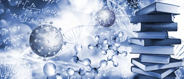 DNA zincirinin biçimlendirilmiş bir resminin arka planında koronavirüslerin soyut görüntüsü. — Stok fotoğraf
