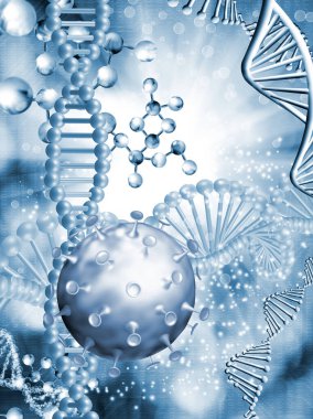 DNA zincirinin stilize edilmiş bir görüntüsünün arka planında koronavirüslerin soyut görüntüsü. 3d illüstrasyon