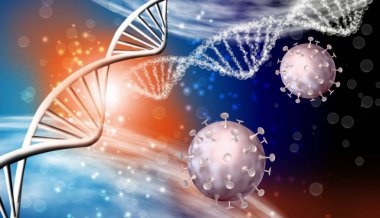 DNA zincirinin stilize edilmiş bir görüntüsünün arka planında koronavirüslerin soyut görüntüsü. 3d illüstrasyon