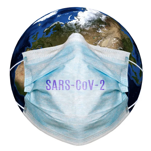 保護マスク中のコロナウイルスと惑星地球の抽象的な画像 3Dイラスト — ストック写真