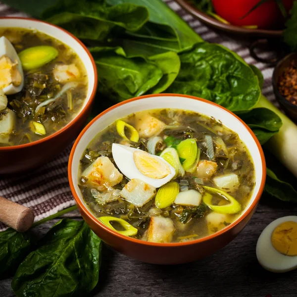 Літній суп з шпинату, картопля і щавель — стокове фото