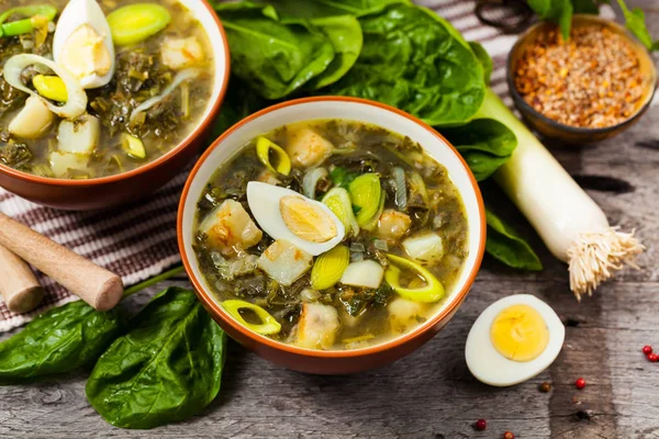 Літній суп з шпинату, картопля і щавель — стокове фото