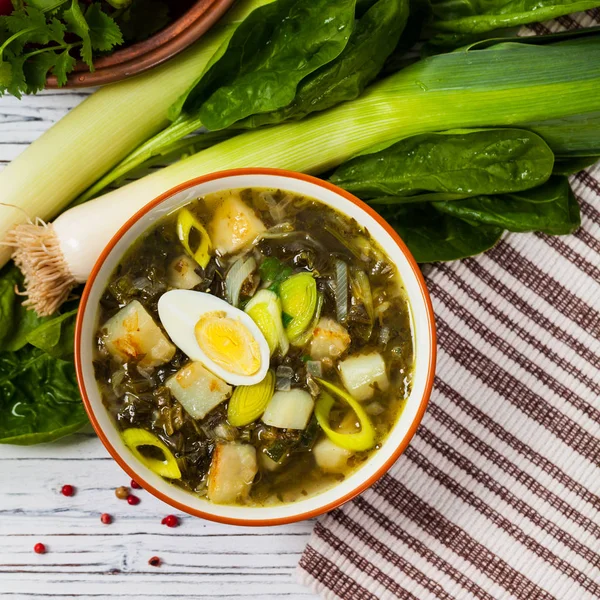 Sopa de Verão com Espinafre, Batata e Sorrel — Fotografia de Stock