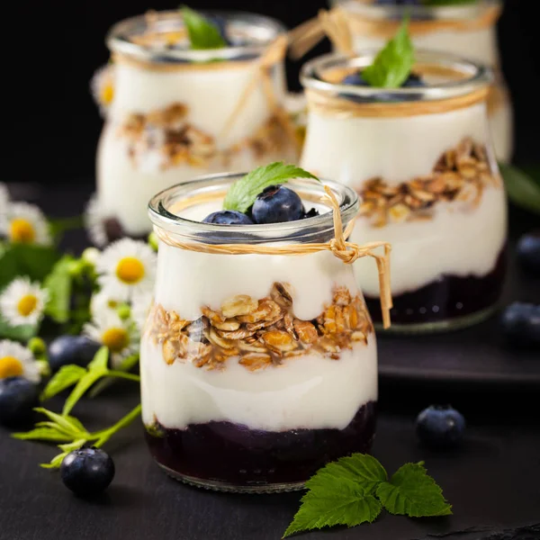 Muesli met yoghurt, honing en bosbessen — Stockfoto