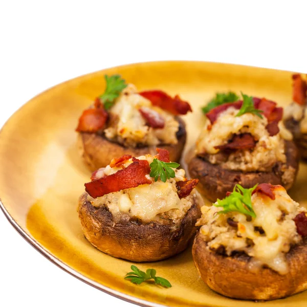 Stuffed Mushrooms Bacon Cheese Breadcrumbs Isolated White Background Selective Focus — Stock Photo, Image