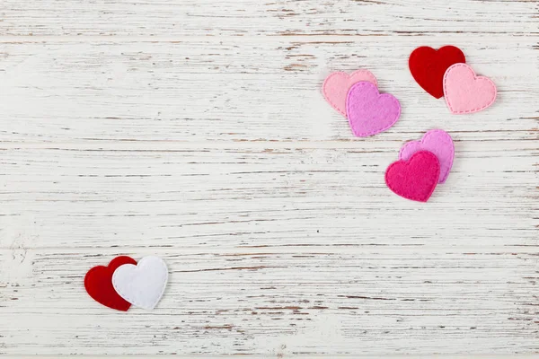 Valentines Day Background Card Fabric Hearts Wooden Background Selective Focus — Stock Photo, Image