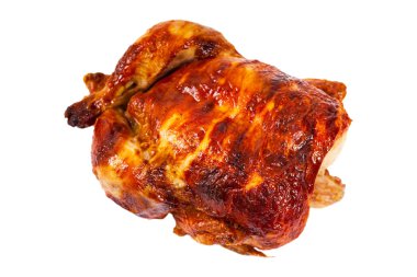 Kızarmış bütün tavuk izole beyaz arka plan üzerinde. Seçici odak.