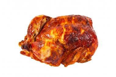 Kızarmış bütün tavuk izole beyaz arka plan üzerinde. Seçici odak.