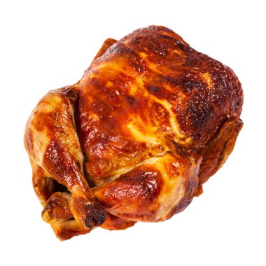 Kızarmış bütün tavuk izole beyaz arka plan üzerinde. Seçici odak.