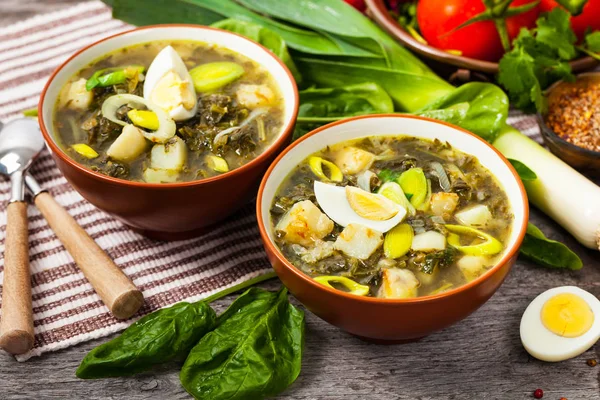 Batata Russa Verde Espinafre Sopa Sorrel Com Ovo Foco Seletivo — Fotografia de Stock