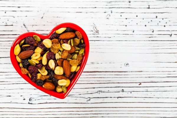 Energy Blend Trail Mix Nuts Dried Fruits Heart Shaped Bowl — Stock Photo, Image
