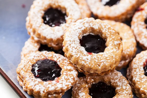 Sütijük Cookie Kat Lekvár Vagy Zselé Központok Szelektív Összpontosít — Stock Fotó