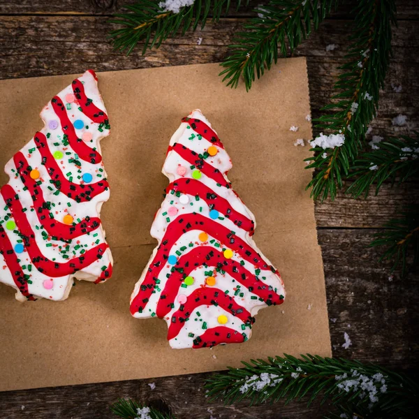 Karácsonyfa Sütemények Fából Készült Háttér Karácsonyi Háttér Szelektív Összpontosít — Stock Fotó