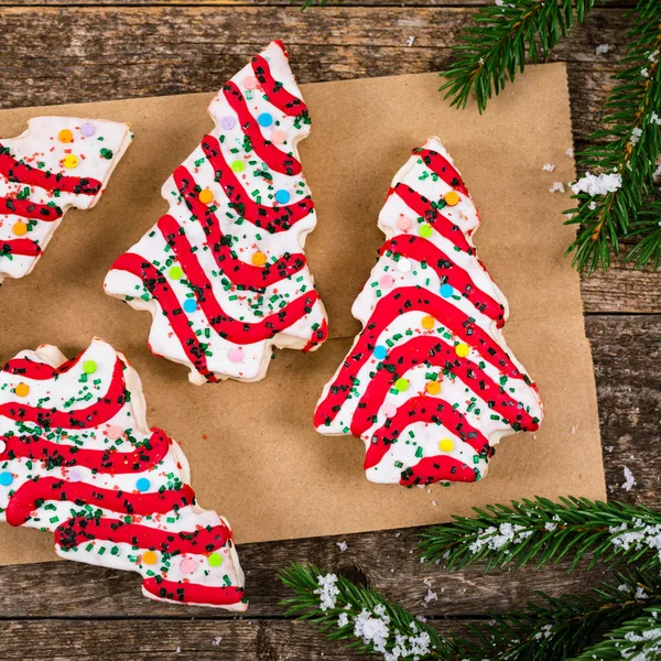 Karácsonyfa Sütemények Fából Készült Háttér Karácsonyi Háttér Szelektív Összpontosít — Stock Fotó