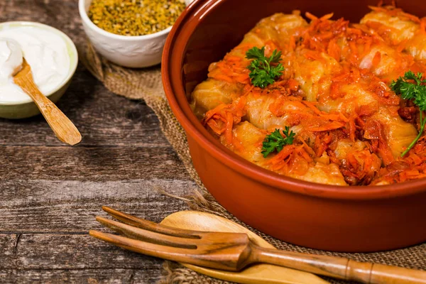 Russian Stuffed Cabbage Rolls Wooden Background Selective Focus — Stock Photo, Image