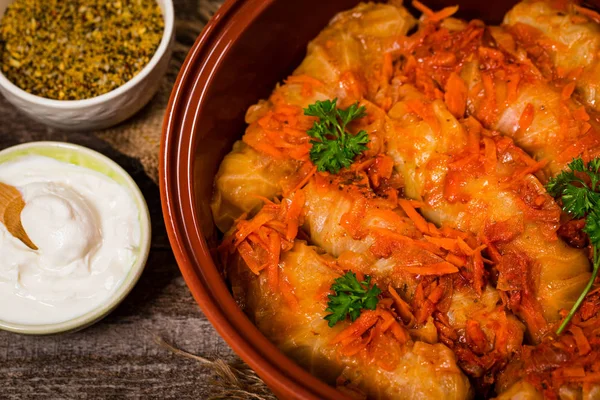 Russian Stuffed Cabbage Rolls Wooden Background Selective Focus — Stock Photo, Image