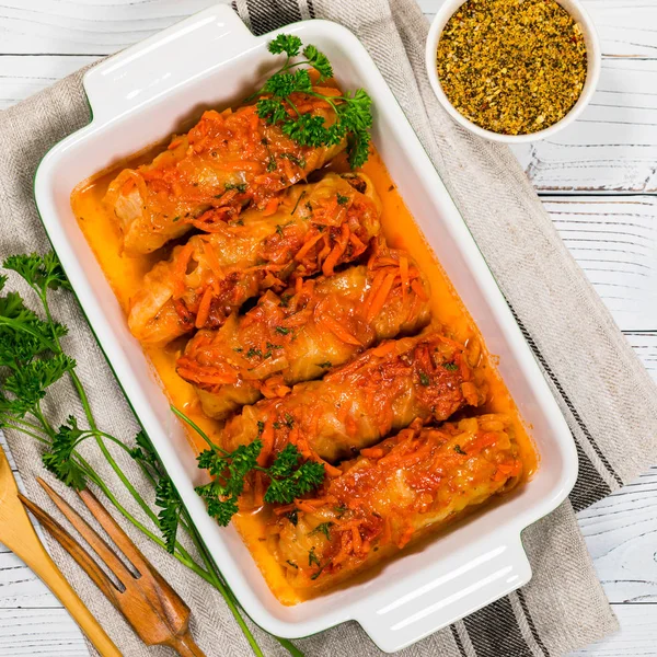 Russian Stuffed Cabbage Rolls Wooden Background Selective Focus — Stock Photo, Image