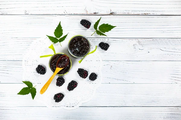 Blackberry Jam Preserves Old Wooden Background Selective Focus — 스톡 사진