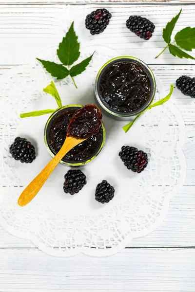 Blackberry Jam Preserves Old Wooden Background Selective Focus — 스톡 사진