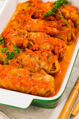 Stuffed Cabbage Rolls With Ground Beef and Rice. Selective focus. clipart