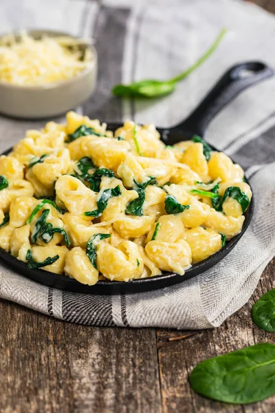 Parmesan Spenat Makaroner Och Ost Trä Bakgrund Selektiv Inriktning — Stockfoto