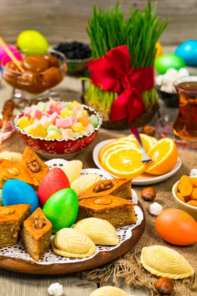 Novruz Ramadan Azerbaijan Colored Eggs Wheat Springs Easter Traditional Sweets — Stock Photo, Image