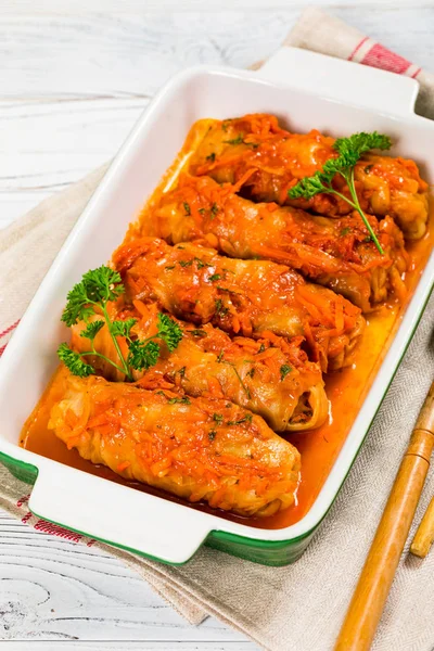 Stuffed Cabbage Rolls Ground Beef Rice Selective Focus — Stock Photo, Image