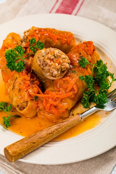 Stuffed Cabbage Rolls Ground Beef Rice Selective Focus — 스톡 사진