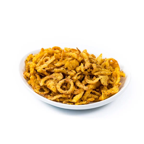 Crispy Fried Onion Strings Garlic Pepper Isolated White Background Selective — Stock Photo, Image