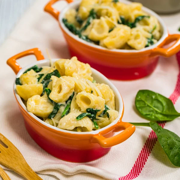 Parmigiano Spinaci Maccheroni Formaggio Sfondo Legno Focus Selettivo — Foto Stock