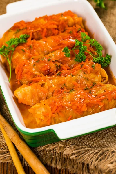 Stuffed Cabbage Rolls Top View Vintage Wooden Background Selective Focus — Stock Photo, Image