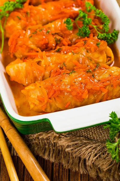 Stuffed Cabbage Rolls Top View Vintage Wooden Background Selective Focus — Stock Photo, Image