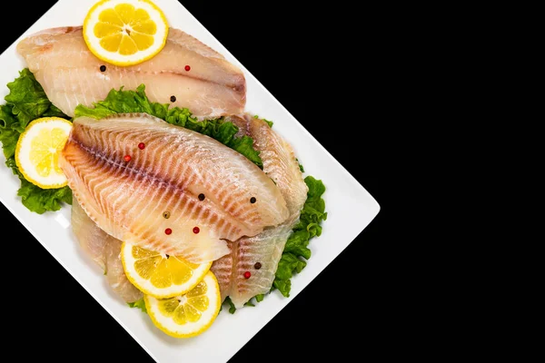 Whitefish Tilapia Fish Raw Fillet Geïsoleerd Zwarte Achtergrond Selectieve Focus — Stockfoto