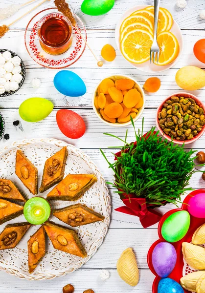 Colored Eggs Wheat Springs Easter Traditional Sweets Novruz Ramadan Azerbaijan — Stock Photo, Image