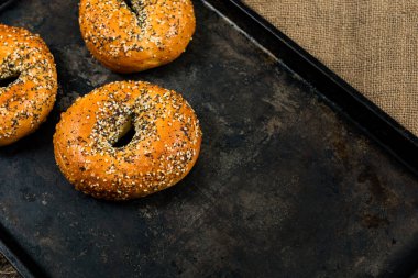 Susam tohumu, Poppyseed, sarımsak ve soğan ile kaplı taze pişmiş kahvaltı çörekleri Eski Karanlık Metal Arkaplanda. Seçici odak.