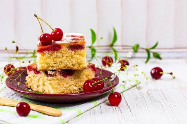 Pudra şekeri ile tart kiraz kek. Seçici odak.