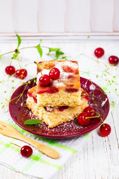 Summer Tart Cherry Cake Powdered Sugar Selective Focus — Stock Photo, Image