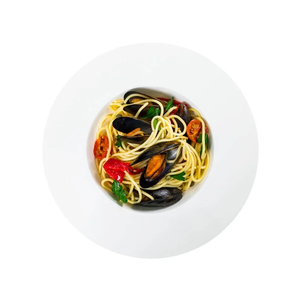 Delicioso Spaghetti Massas Frutos Mar Com Mexilhões Tomates Isolados Fundo — Fotografia de Stock