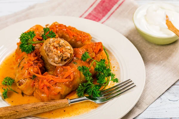 Stuffed Cabbage Rolls Ground Beef Rice Selective Focus — 스톡 사진