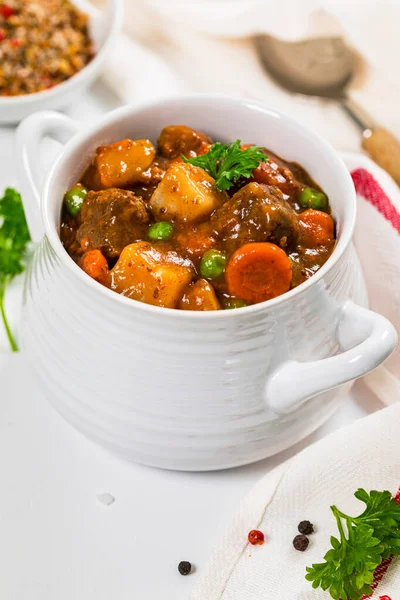 Beef Stew Potatoes Carrots Wooden Background Selective Focus — Stock Photo, Image