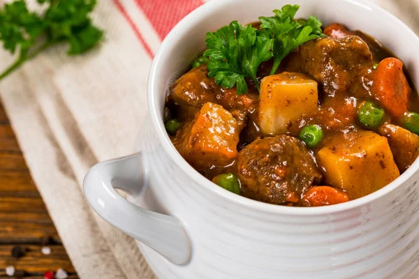 Beef Stew Potatoes Carrots Wooden Background Selective Focus — Stock Photo, Image