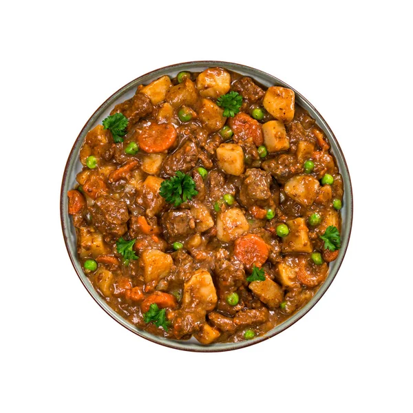 Nötkött Curry Stuvning Med Potatis Och Morötter Isolerad Vitt Selektiv — Stockfoto