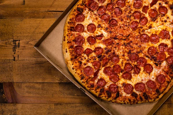 Pepperoni Pizza Wooden Background Selective Focus — Stock Photo, Image