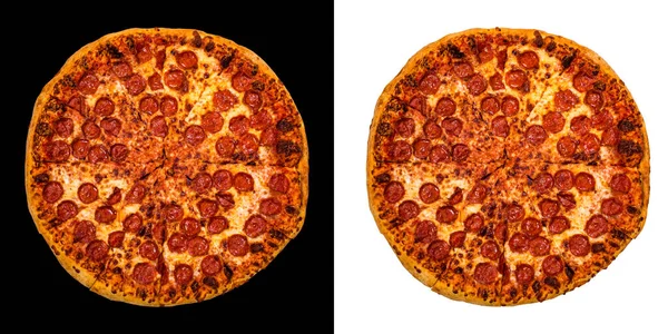 Large Pepperoni Cheese Pizza Isolated White Black Background Selective Focus — Stock Photo, Image