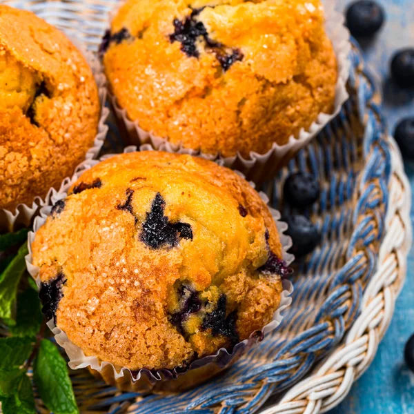 Blåbärsmuffins Med Färska Blåbär Träbakgrund Selektiv Inriktning — Stockfoto