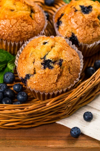 Blueberry Muffins Fresh Blueberries Wooden Background Selective Focus — Stock Photo, Image