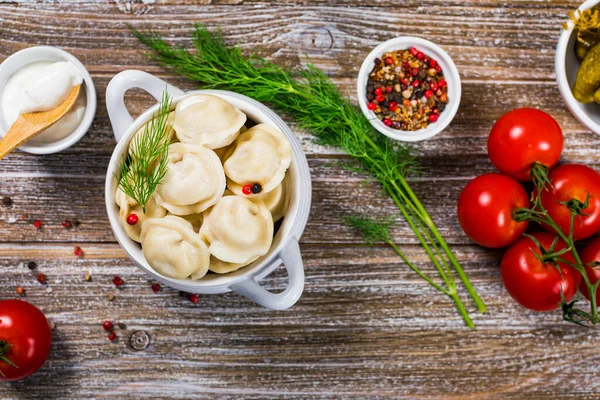 Beef Pork Dumplings Russian Ukrainian Meat Pelmeni Wooden Background Inglés —  Fotos de Stock